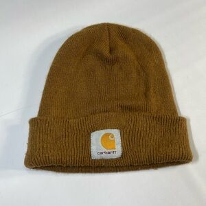 Carhartt Hat Beanie Skull Cap Brown Knit Acrylic Cuffed Workwear Logo Patch Mens